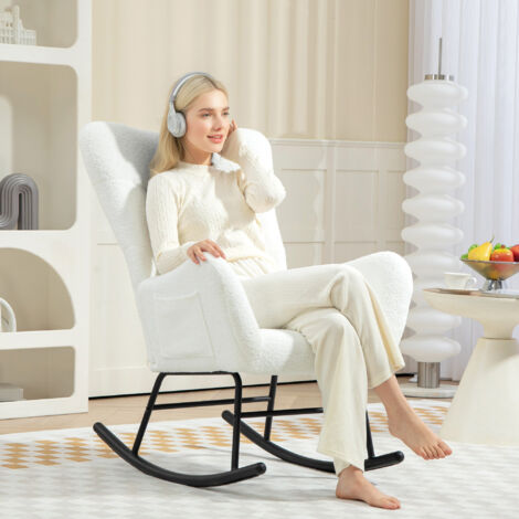 Mecedora,sillón mecedora reposabrazos tela de terciopelo sintético soporte lumbar y bolsillos laterales color blanca