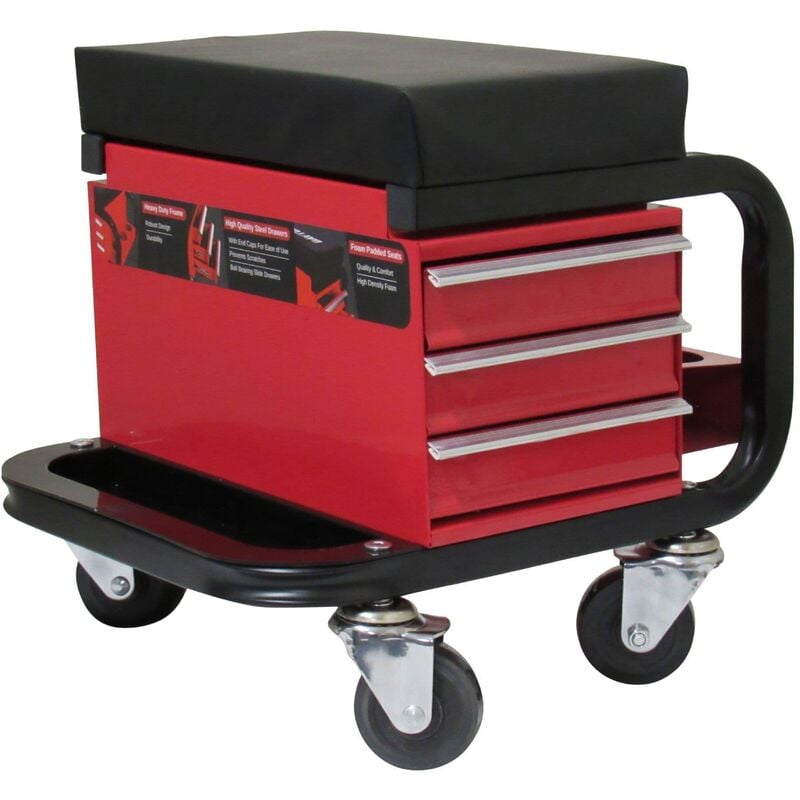 Securefix Direct - Mechanic Creeper Seat Workshop Trolley With Drawers (Padded Garage Work Stool Wheeled Tool Box)