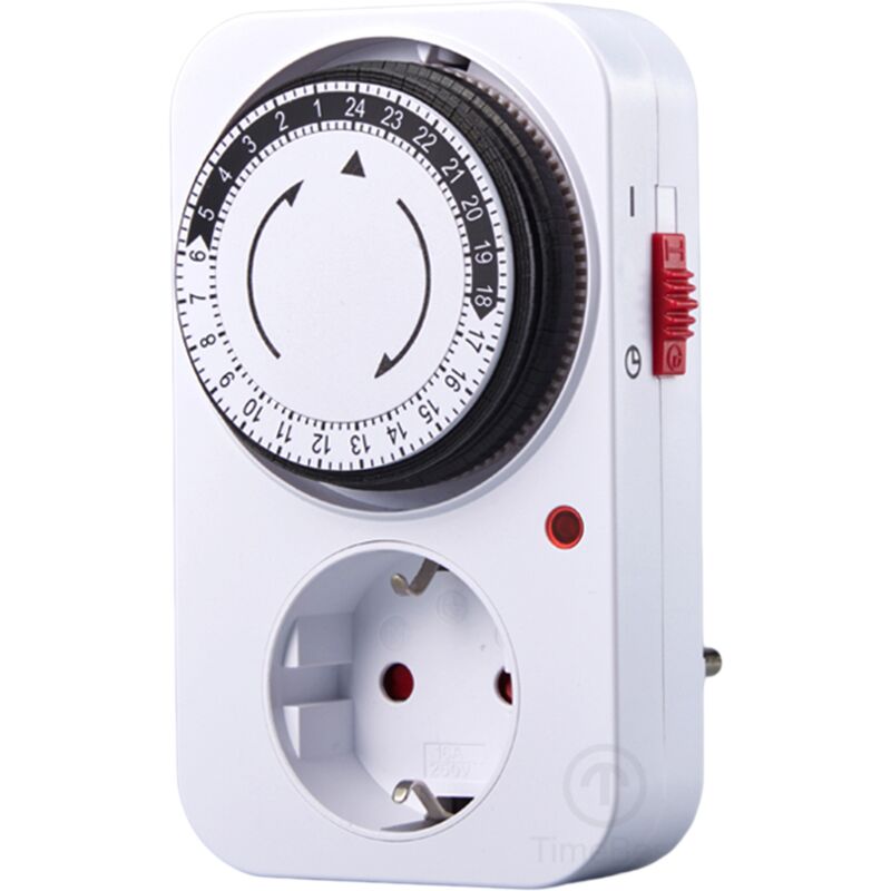 Mechanical timer with on/off switch, programmable interior socket, from 15 minutes to 24 hours, child safety