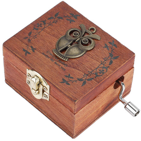Mechanische Spieluhr aus Holz mit Handkurbel, klassisches handgefertigtes Geburtstagsgeschenk (Eule)