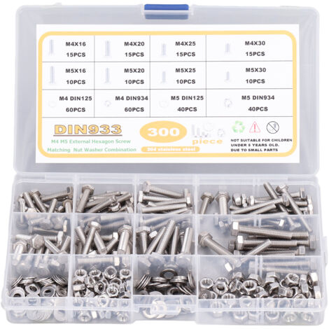 【Mechanisches Befestigungsset】 – 300-teiliges Set aus Edelstahl-Sechskantschrauben DIN 933, Muttern DIN 934 und Unterlegscheiben DIN 125 – zur Reparatur von Möbeln und Industrieanlagen