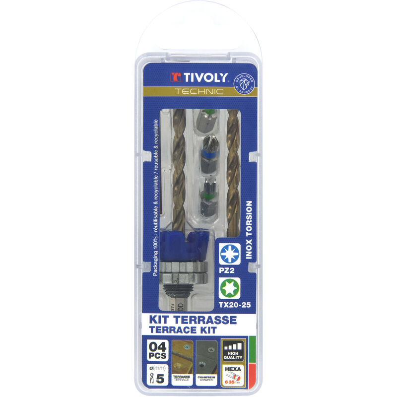 Kit Terrasse • Foret Ø5mm avec Fraisoir • Mèche & Fraise 2 en 1 Bois-Métal • 3 Embouts de Vissage inox • Foret de Rechange Fourni • Butée de