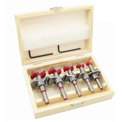 Mèches Bois, Coffret de 5 (Ø15-35 mm) Fraise Bois Façonner Jeu de Forets à Positionnement Ajustable, Scie Trépan au Carbure Cémenté avec Butée de Profondeur (Plage de Profondeur 10-40 mm)