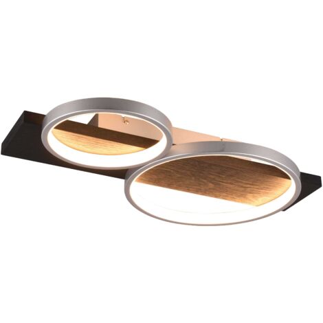 MEDERA PLAFONIERA 2 CERCHI METALLO ALLUMINIO BASE LEGNO NERO CON DIMMERAZIONE AD INTERRUTTORE L. 54CM LED 26W 3000lm, 3000K