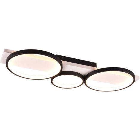 MEDERA PLAFONIERA 3 CERCHI METALLO NERO BASE LEGNO BIANCO CON DIMMERAZIONE AD INTERRUTTORE L. 80CM LED 33W 3800lm, 3000K