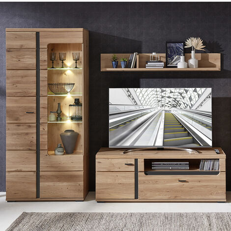 Media Anbauwand mit Esche Massivholzfronten und Beleuchtung STAVEN-36 mit Absetzungen in schwarz matt,  B/H/T ca. 255/203/42 cm