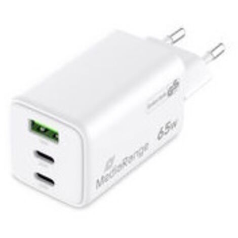 MediaRange Adaptador de Carga rápida GAN de 65 W (Enchufe Europeo), 2 USB-C y 1 USB-A, soporta USB-C® Power Delivery y Quick Charge™, Color Blanco