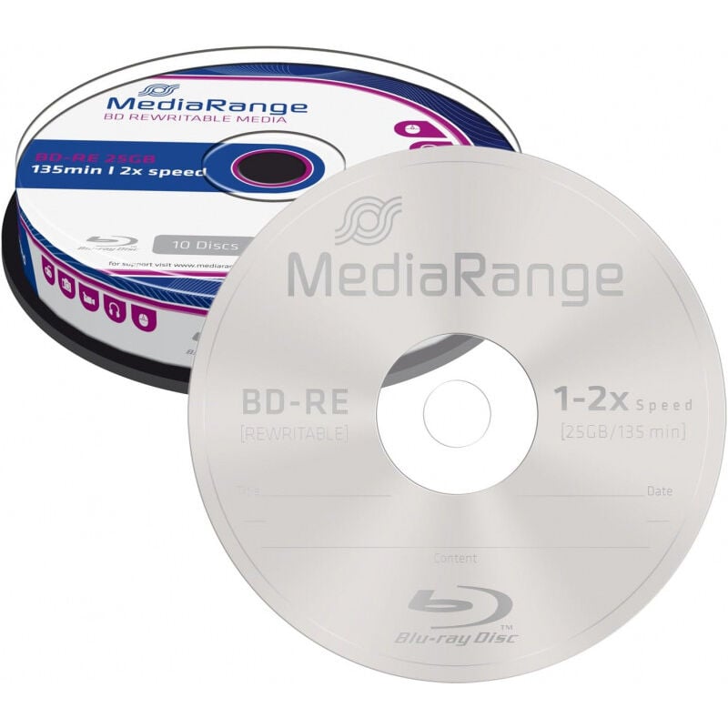 BD-RE Blu-ray réinscriptible 25 Go 2x, 10 pièces en cake box NEW (MR501) - Mediarange