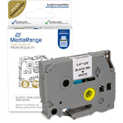 MediaRange MEDIARANGE MRBTZ231 - Noir - Blanc - Jet d'encre - Permanent - Brother P-Touch 1010 - 1080 - 1090 - 1260VP - 1280 - 1280DT - 1290 - 1750 - 1830VP - 18R - 2030VP - 2100VP,... - 1,2 cm - 1 pi