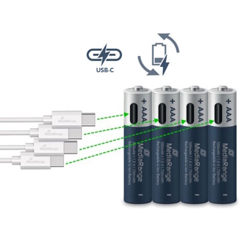 MediaRange Pilas Recargables USB-C de Ion de Litio, Micro AAA I, 1,5 V, 500 mAh, 4 Unidades