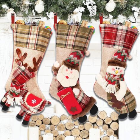 Medias colgantes navideñas de 50 cm, 3 piezas, medias navideñas grandes, decoración para árbol de Navidad, chimenea, Papá Noel, reno, muñecos de nieve, medias navideñas para