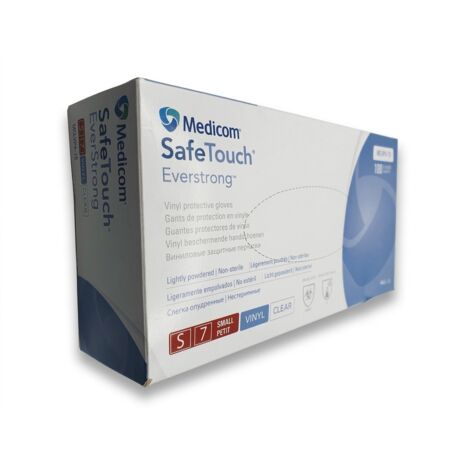 MEDICOM - Gants de protection - SafeTouch EverStrong - Taille S 7 - Vinyle - 100 unités - Transparent - Légèrement poudrés - REF MCLVP4-7S - EAN 3700381522098 - Sans latex - Protection virus et chimiq