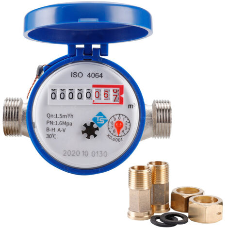Medidor de agua fría de 15 mm (1/2 pulgada) con accesorios, medidor giratorio ajustable de 360°, para jardín y hogar.