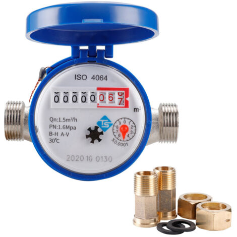 Medidor de agua fría de 15 mm (1/2 pulgada) con accesorios, medidor giratorio ajustable de 360° para uso en jardín y hogar.