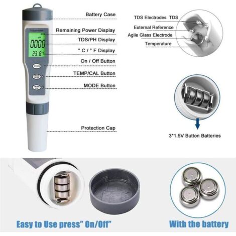 Medidor de calidad del agua 3 en 1, pH-TDS-Temperatura, electrónico con pantalla LCD para piscinas y acuarios.
