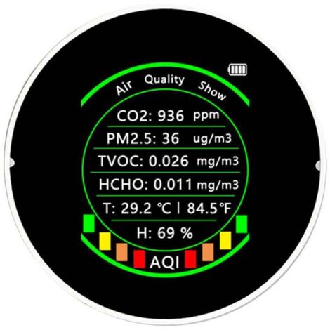 Medidor de calidad del aire multifuncional 7 en 1, medidor de temperatura, humedad, PM2,5, CO2, TVOC, HCHO, AQI, detector de dióxido de carbono con pantalla a color portátil y función de umbral de niv
