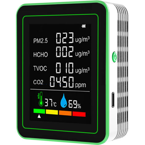 Medidor de calidad del aire portátil 6 en 1, mide CO2, temperatura, humedad, PM2.5, HCHO, TVOC, detector de CO2 interior preciso