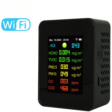 Medidor de calidad del aire portátil Tuya 7 en 1 con Wi-Fi: PM2.5, PM10, óxido de carbono, CO2, TVOC, HCHO, AIQ. Pantalla TFT a color, detector de dióxido de carbono con visualización de fecha y hora.