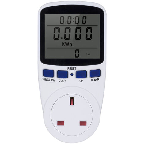 Medidor de consumo eléctrico del Reino Unido con pantalla LCD: mide vatios, voltios, amperios y kWh. Monitor y analizador de potencia CA de 230 V a 250 V para el ahorro de energía.