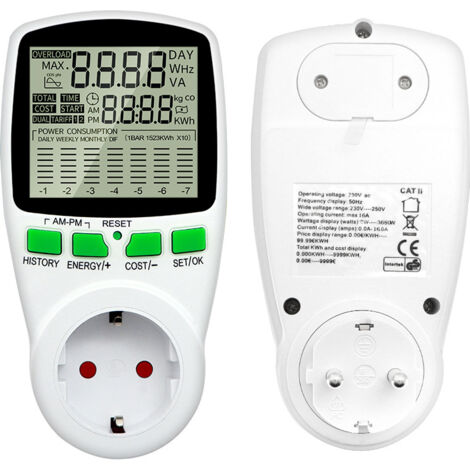 Medidor de energía inteligente - Toma de corriente LCD 220V - 16A Máx. - Monitoreo de energía y costo - Seguridad ABS integrada