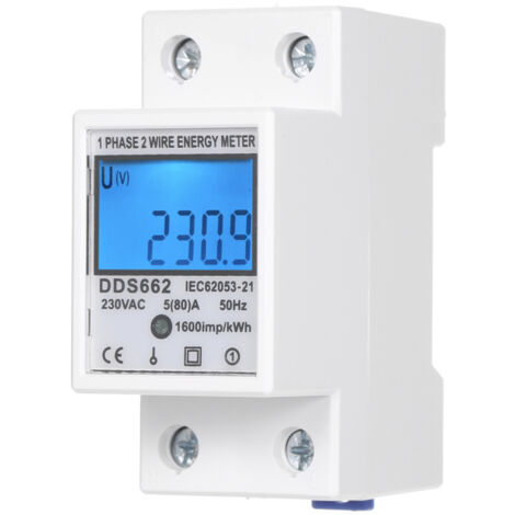 Medidor de energía monofásico DDS662 230V 5-80A, retroiluminación LCD, Clase 1, kWh VAW Hz, 1 módulo para carril DIN