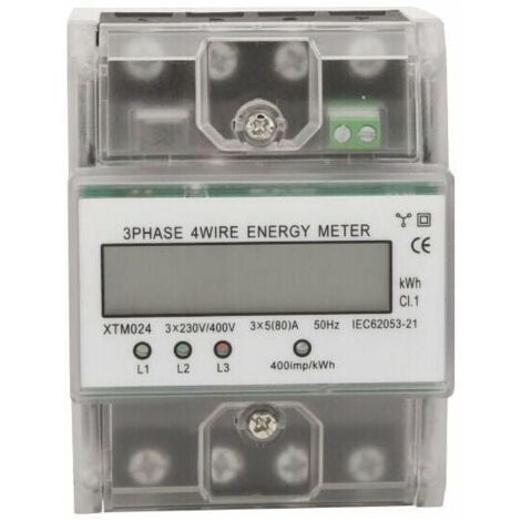 Medidor de energía trifásico de 4 cables, 220/380 V, 5-80 A, consumo de energía en kWh, montaje en riel DIN, digital, con pantalla LCD retroiluminada. Modelo: Transparente.