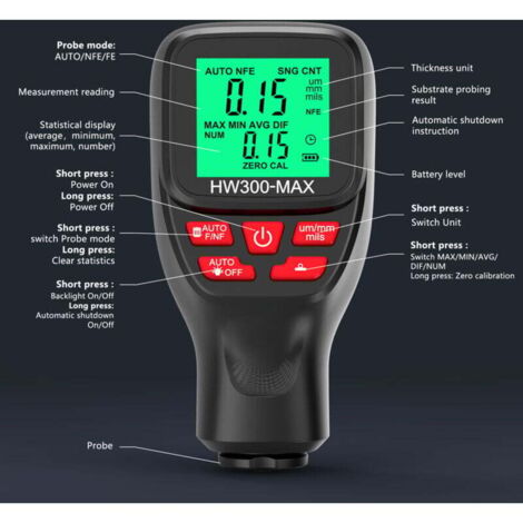 Medidor de espesor de película automotriz digital LCD de alta precisión de 0-2000 µm, comprobador de espesor de pintura automotriz, tres modos de sonda, conmutación de tres unidades con función
