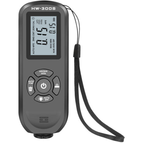 Medidor de espesor de recubrimiento HW-300S, comprobador digital de espesor de película de pintura de alta precisión con pantalla LCD retroiluminada.