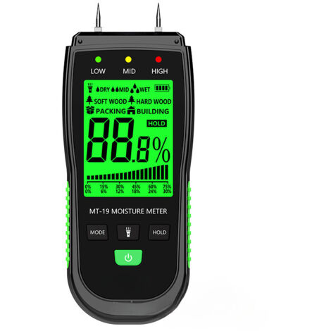 Medidor de humedad de madera MT-19, higrómetro para árboles de cartón con pantalla LCD retroiluminada de dos pines y linterna.