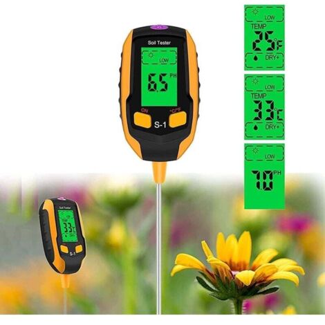 Medidor de humedad del suelo 4 en 1 – Pantalla LCD digital – Mide la temperatura de las plantas, la humedad del suelo, el pH y la intensidad de la luz solar – Probador de suelo para jardinería y agric