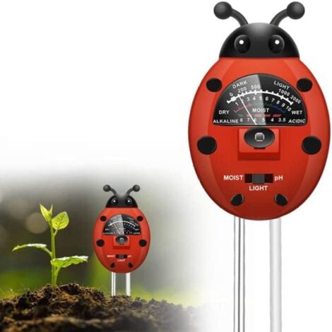 Medidor de pH de suelo 3 en 1 con medidor de pH para plantas y luz, ideal para jardín, granja, césped, uso en interiores y exteriores (sin pilas), con forma de colorida mariquita.