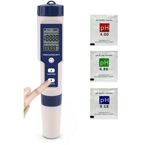 Medidor de pH electrónico 5 en 1 con TDS EC Salinidad Temperatura pH Probador multiparámetro Impermeable IP67 Medidor de pH de agua de alta precisión Compensación automática de temperatura
