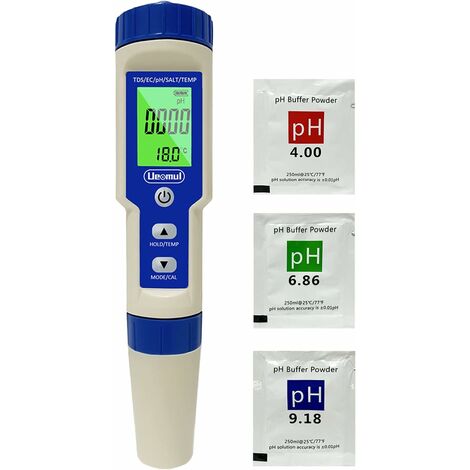 Medidor de PH electrónico 5 en 1 con TDS EC Salinidad Temperatura pH Probador multiparámetro Impermeable IP67 Medidor de pH de agua de alta precisión Compensación automática de temperatura