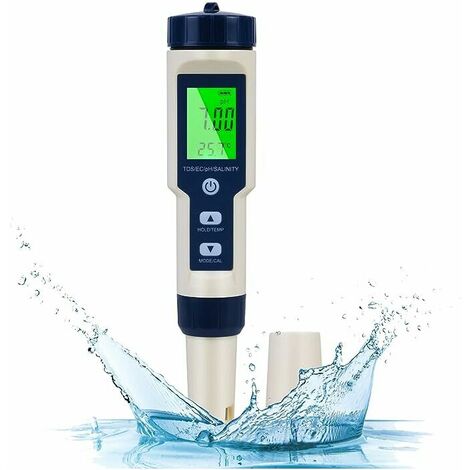 Medidor de pH electrónico 5 en 1, medidor de pH con pantalla LCD retroiluminada, probador de calidad del agua para pH/TDS/EC/temperatura/salinidad, adecuado para agua potable/acuarios/piscinas. (Azul