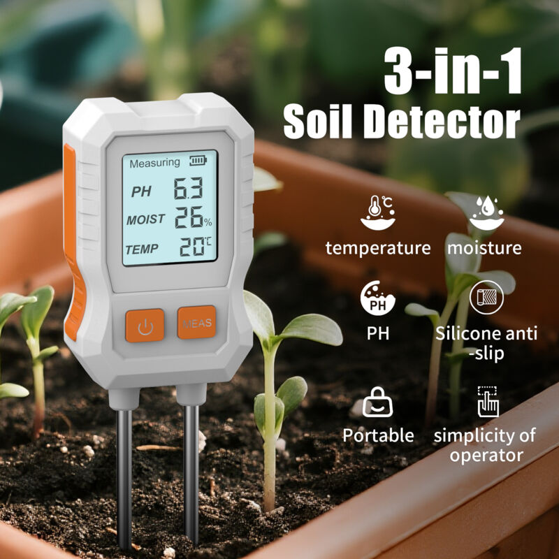 Medidor de Suelo 3 en 1 con Pantalla – Humedad, Temperatura y pH para Plantas en Maceta y Césped