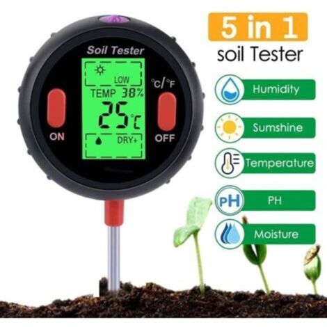 Medidor de suelo 5 en 1: pH, humedad, luz, temperatura y conductividad – Práctico para plantas, flores y huertos.