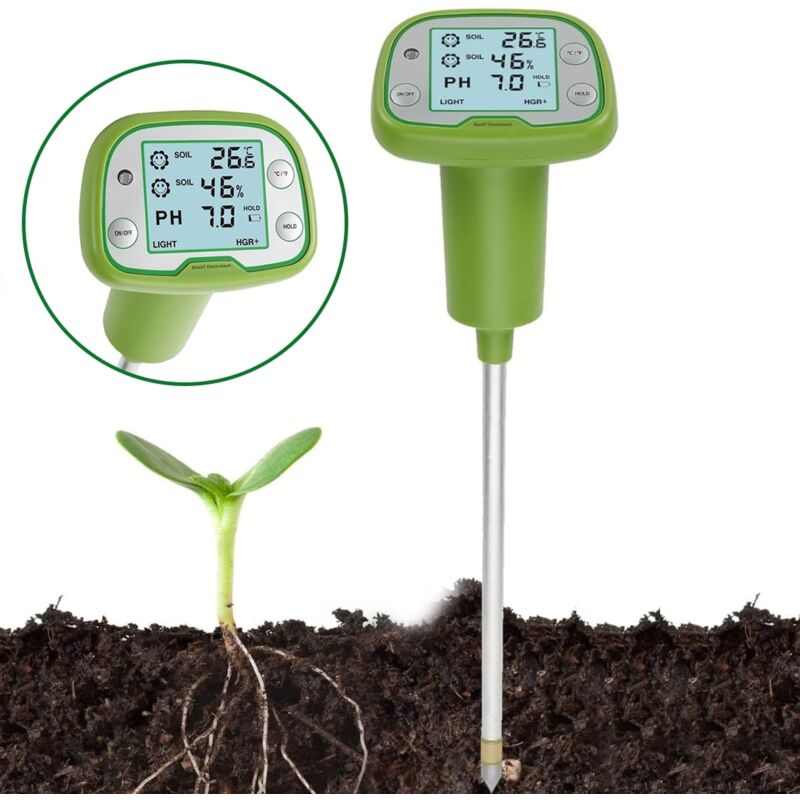 Medidor de Suelo Digital 4 en 1 con Pantalla LCD – pH, Humedad, Temperatura y Luz para Jardinería Profesional