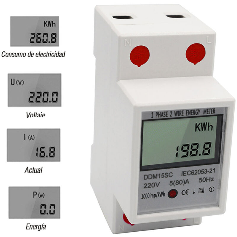 Medidor el/éctrico digital de riel DIN 2P Medidor de KWh electr/ónico 220V 15 A 60