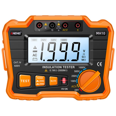 Medidor digital de resistencia de aislamiento MH10, de 0,1 MΩ a 2000 MΩ, megóhmetro con pantalla LCD retroiluminada, voltaje de salida de 100/250/500/1000 V, resistencia de aislamiento de CA de 750 V,