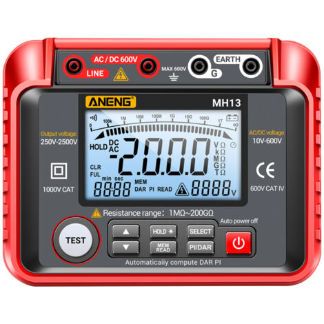 Medidor digital de resistencia de aislamiento MH13, megóhmetro de 1 MΩ a 200 GΩ, 250 V a 2500 V, selección automática de rango, pantalla LCD de 2000 cuentas, voltímetro CA/CC de 10 V a 600 V, memoria 