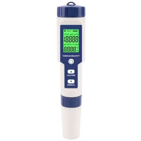 Medidor digital de sal 5 en 1: analiza pH, TDS, EC, salinidad y temperatura. Resistente al agua (IP67) para piscinas y acuarios.