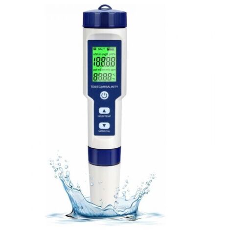 Medidor electrónico de pH, 5 en 1, medidor de calidad del agua de piscina con retroiluminación, pH/TDS/EC/salinidad/temperatura con ATC, resolución de 0,01 para agua potable, acuarios y spas