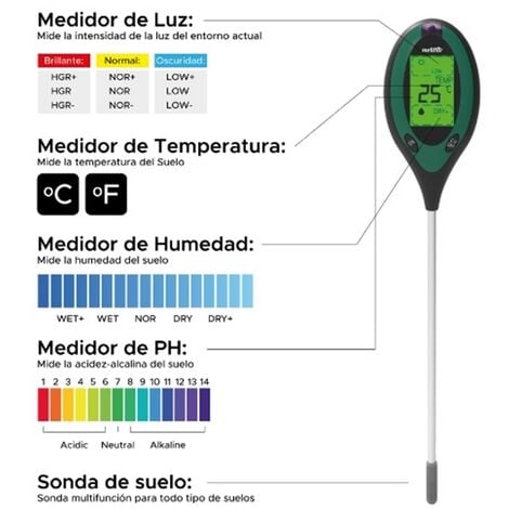 Medidor de suelo RHAFAYRE 12 en 1 (sensor de humedad/luz solar/pH 3 en 1