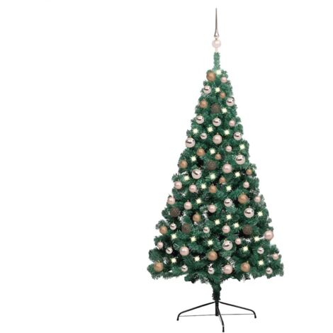 Medio árbol de Navidad con luces y bolas verde 150 cm