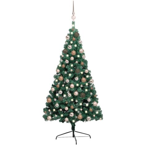 Medio árbol de Navidad con luces y bolas verde 240 cm