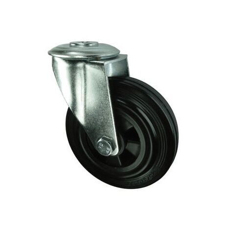 125mm Swivel Braked Castor with Black Rubber Tyre on Pressed Steel Centre