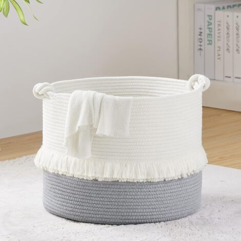 Medium Woven Rope Storage Basket, Bohemian Laundry Basket for Kids Room, Decorative Fringe Basket with Knot Handles, White and Gray, 40.6x33cm
