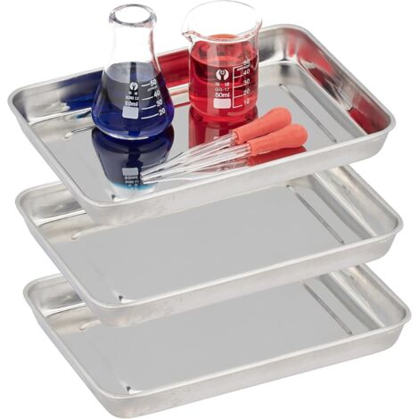 Medizinisches Tablett aus Edelstahl, 3er-Set, H x B x T: 2,5 x 21,5 x 15 cm, für Instrumente, spülmaschinenfest, silber