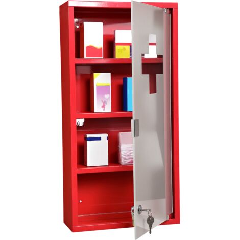 Medizinschrank abschließbar Arzneischrank mit 4 Fächer Glastür Stahl 60 x 30 x 12 cm Rot