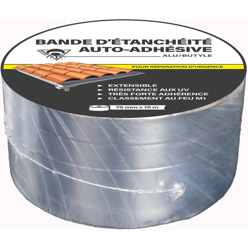 Bande d'étanchéité autocollante alu/butyle 75mm x 15m - Polyvalente - Flexible - Application facile - Durable - Méduze